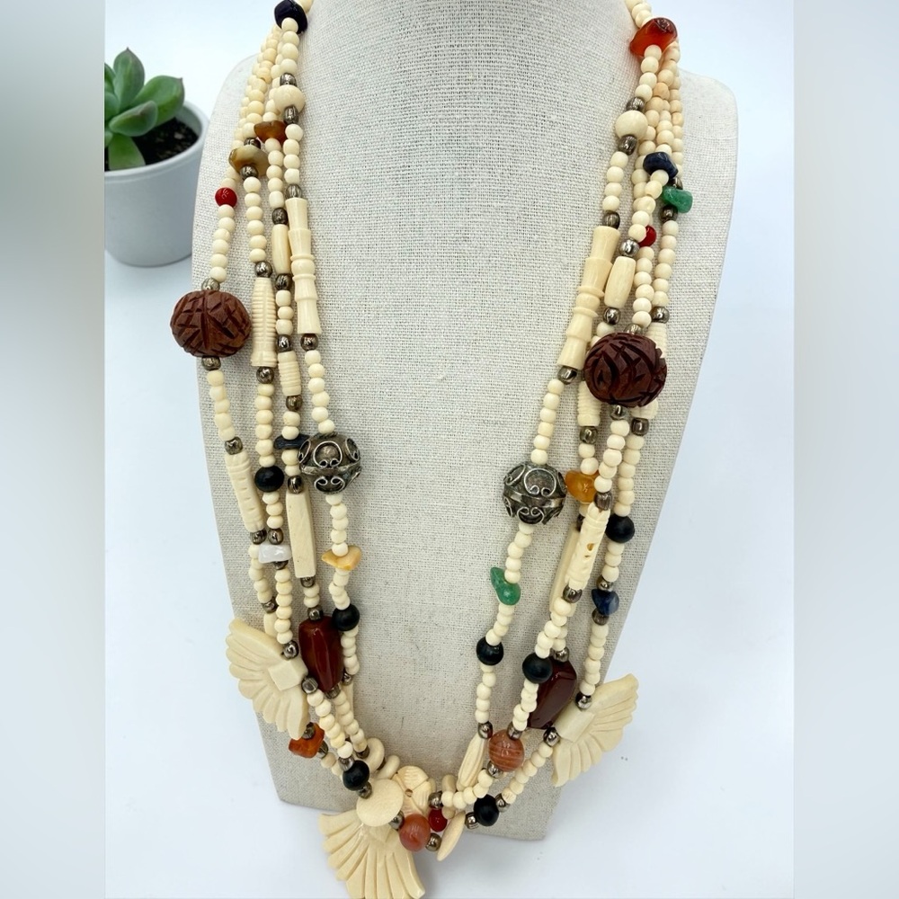 VTG 4 Strand Carved Bone Bead Necklace Jasper Carnelian Sodalite Agate Boho 24” - Picture 12 of 17